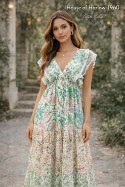 House of Harlow 1960 Floral Mixed Print Smocked Tiered Maxi Dress